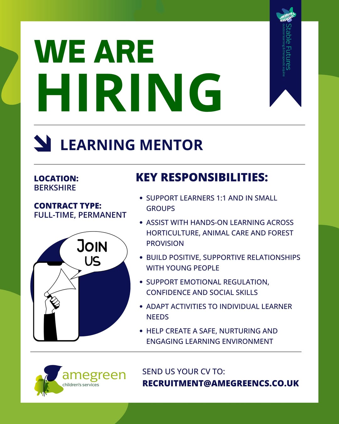📢 Job of the Week 📢

This week we’re looking for Learning Mentors to join Stable Futures as we continue to grow our Alternative Provision. 

Working across Horticulture & Culinary,